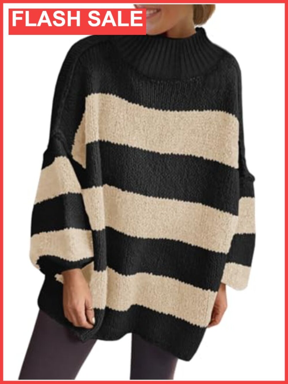 Oversized Striped Chunky Knit Mock Neck Sweater